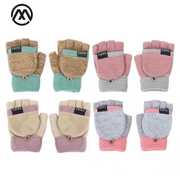 

2020 autumn and winter cute ladies leaking gloves half finger full finger knitting gloves letter small button thick warm, Blue;gray