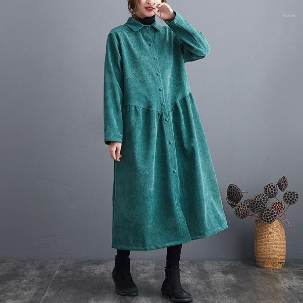 

johnature women corduroy thick trench solid color turn-down collar button coats 2020 autumn new warm high waist vintage trench1, Tan;black