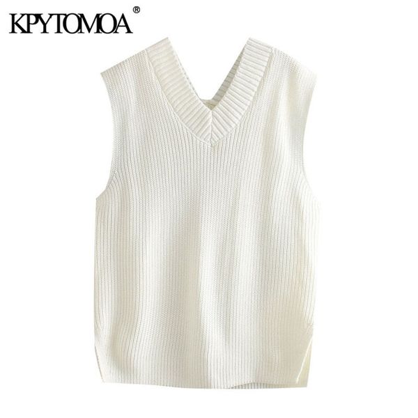 

kpytomoa women fashion loose knitted vest sweater vintage sleeveless side vents female waistcoat chic 201030, White