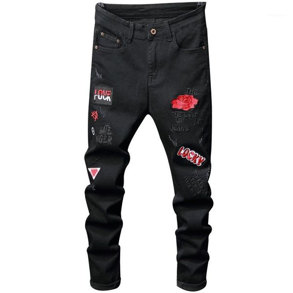 

men's jeans embroidery applique decoration black denim pants fashion slim straight leg pants 2020 autumn and winter men wear1, Blue