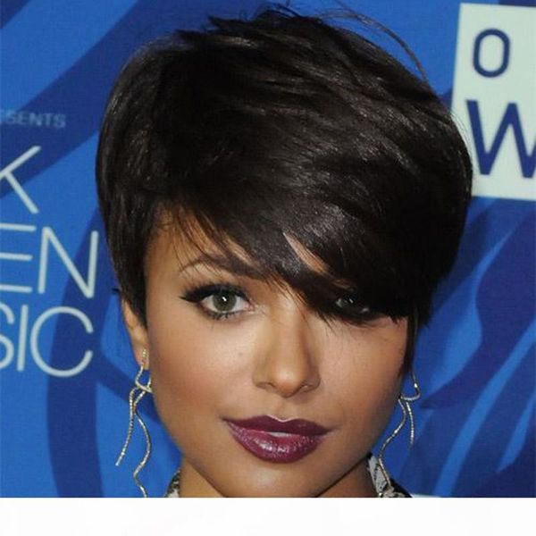 

lace front straight human hair wigs short pixie cut wigs with baby hair african haircut style brazilian ladies wigs for black women, Black;brown