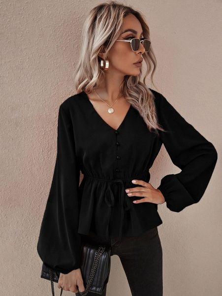 

drawstring waist lantern sleeve babydoll blouse d3q3#, White