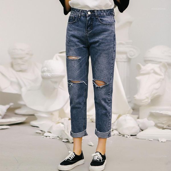 

women's jeans loose hole straight jean pants women washed high waisted zipper harajuku denim pants1, Blue