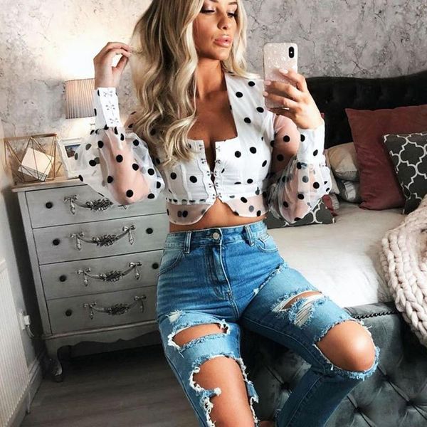 

new 2021 spring women bodycon polka dot crop square neck puff tulle mesh sheer tee blouse long sleeve shirts, White