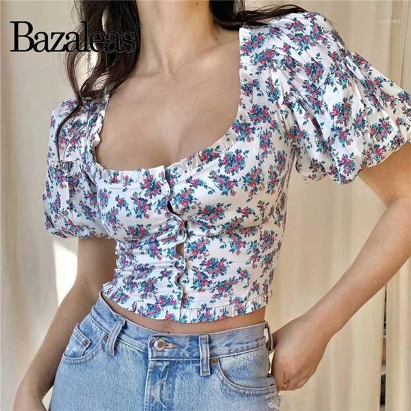 

bazaleas elegant slim blusas mujer de moda 2020 red blue floral print short sleeve women blouse vintage square collar 1, White