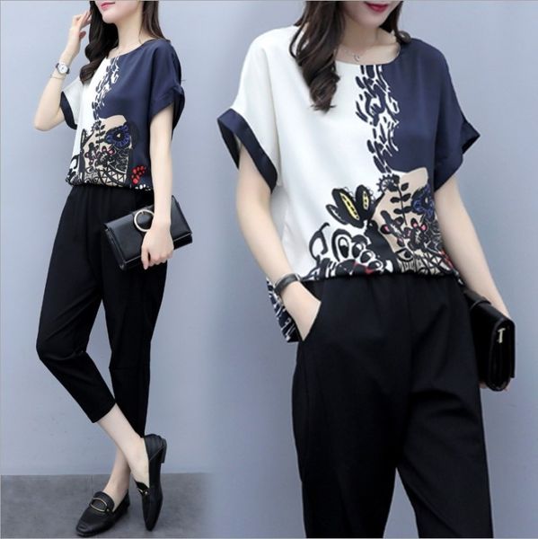 

2019 new new dress women's dresswomen's summer large size two-piece pants chiffon short-sleeved capri pants casual fashion suit fo, Gray