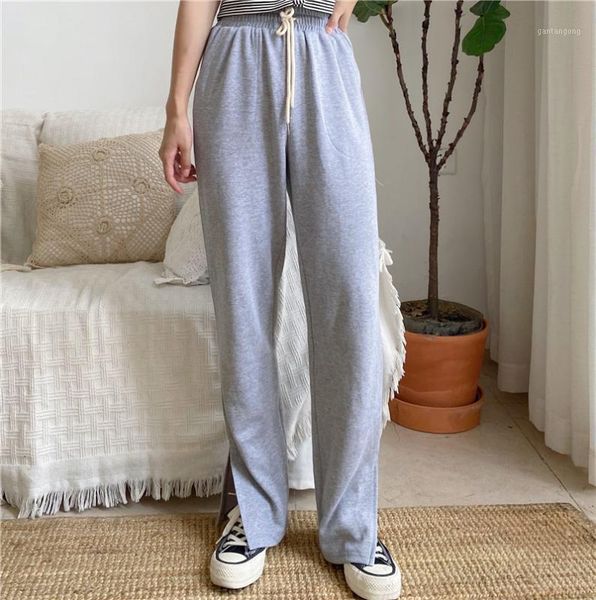 

new 2020 autumn winter women wide leg pants high waist straight pockets ankle-length wild split blue and grey lady trousers1, Black;white