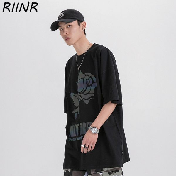 

riinr 2020 spring and summer new original men's reflective rose print personality trend short-sleeved t-shirt sport hooded sweatshirt h