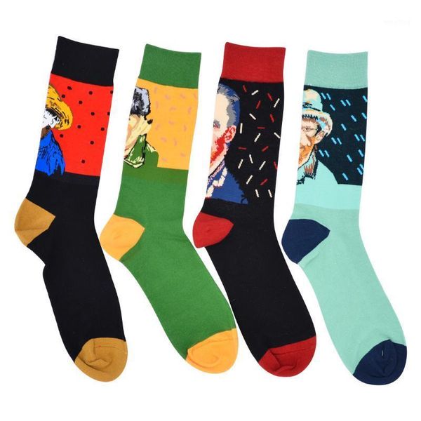 

men socks cartoon world painting personality head portrait harajuku happy funny street style hip hop skate fashion cotton socks1, Black