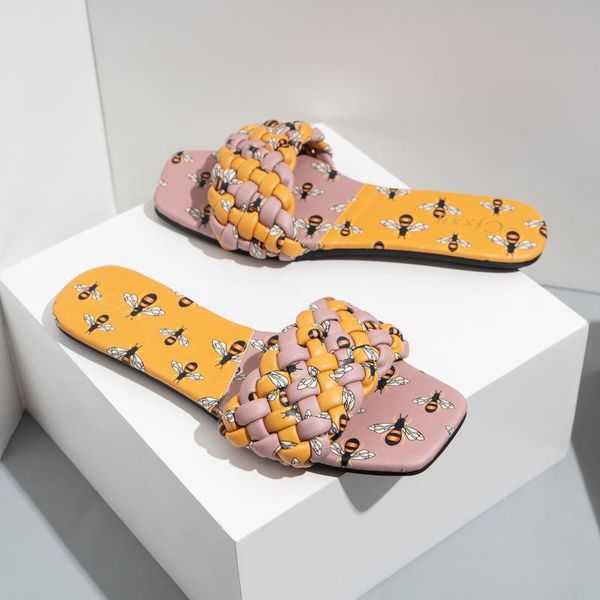 

design women slippers bee printing pu leather indoor shoes square toe yellow flip flops plus size 42 women's shoes, Black