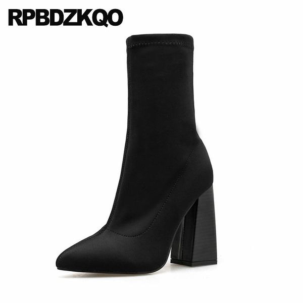 

chunky big size boots ladies fetish extreme high heel plus mid calf shoes women 10 stretch black pointed toe