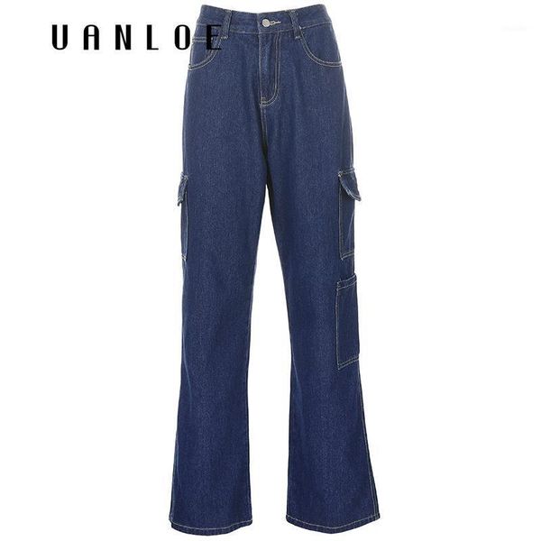 

weekeep fashion pockets solid high waist women's jeans streetwear 2020 autumn cargo denim pants vintage straight harajuku jeans1, Blue
