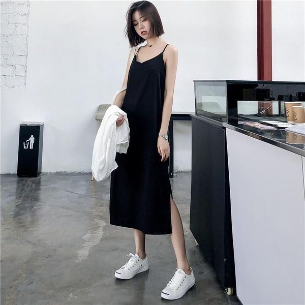 

women maxi dress black sling dress female summer 2021 sleeveless v-neck vest long women dresses, Black;gray