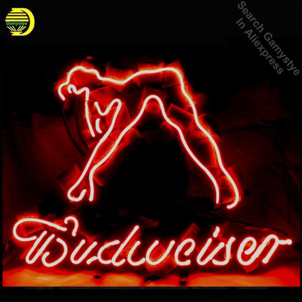 

неоновый знак для budweiser девушка вывеска настоящий стеклянный пивной бар паб дисплей рождественские световые знаки 17 * 14 ручной работы
