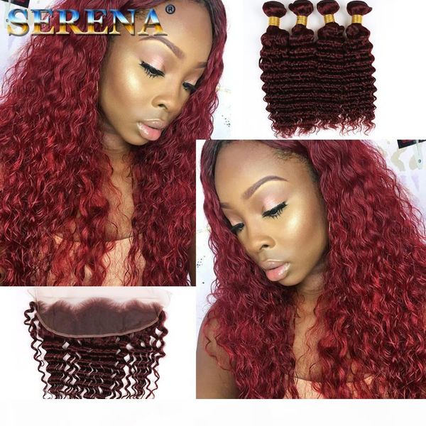 

burgundy ombre brazilian human hair wefts with closure one tone 99j wine red deep curly human hair 4 bundles with 13x4 lace frontal closure, Black;brown