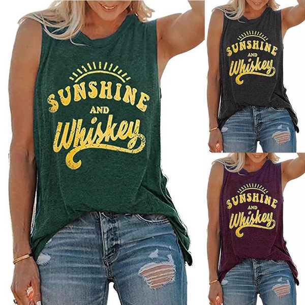 

women's t-shirt vest sunshine and whiskey letter printed round neck sleeveless 2021 summer casual harajuku loose tank, White