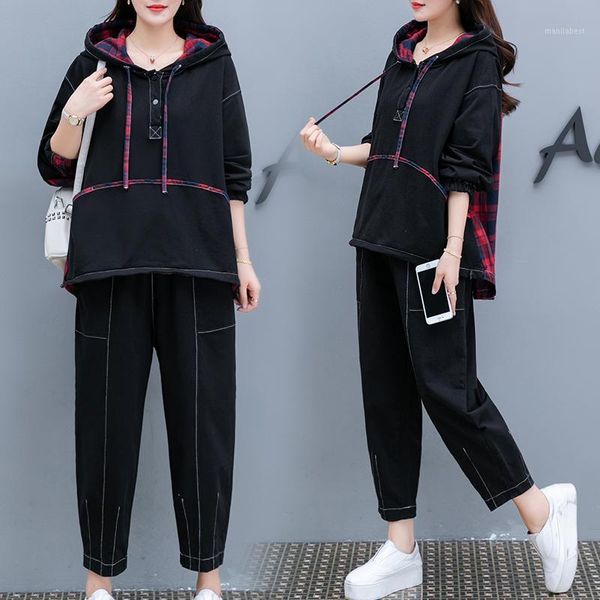 

large size women set 2020 autumn red plaid suit woman denim hat for women two-piece set jeans suit sport denim 2 piece black1, Gray