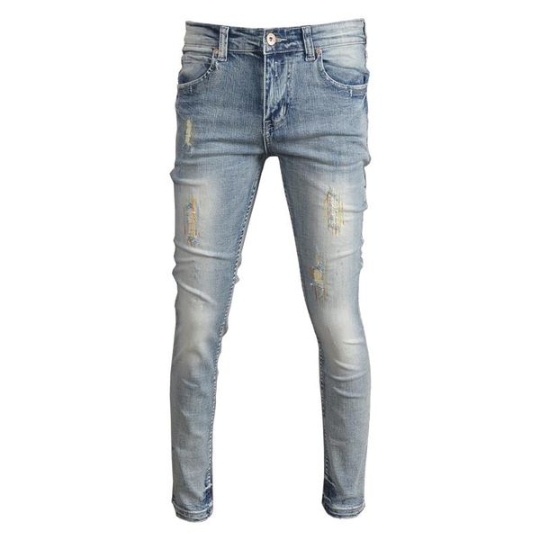 

men's jeans pants fashion blue 2021 slim fit ripped for men stretch denim embroidery tapered trousers
