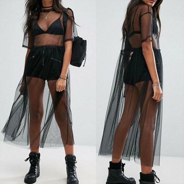 

women stylish polka dot patchwork transparent midi t shirt dress ladies summer chic gauze mesh tulle dresses vestidos, Black;gray