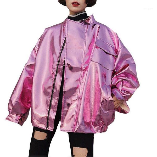 

spring women casual loose hip hop punk coat streetwear metal batwing sleeve silver bomber jacket1, Black;brown