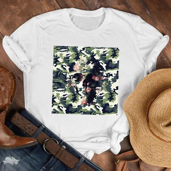 

women lady floral camouflage horror face fashion cute 90s shirt clothes womens female print t tshirt tee graphic t-shirt, White