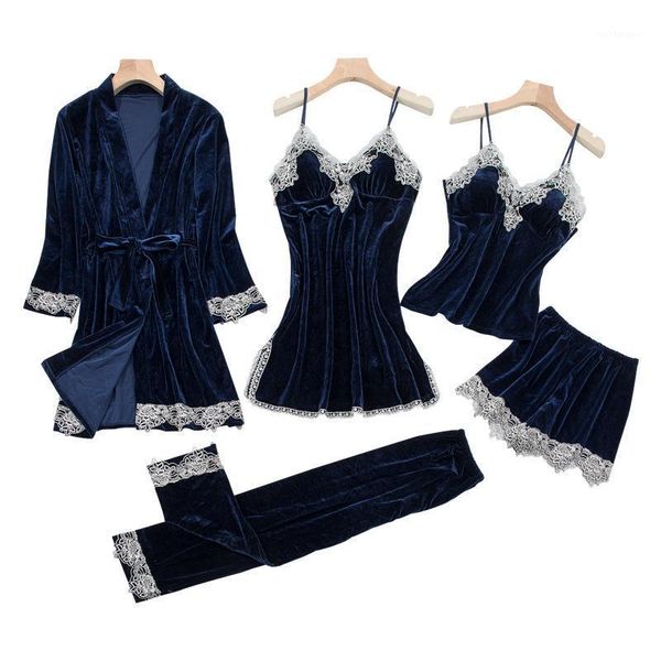 

velour pajama suit sets women 4 pcs kimono robe nightgown set sleepwear homewear lady winter velvet warm lace folwer bathrobe1, Black;red