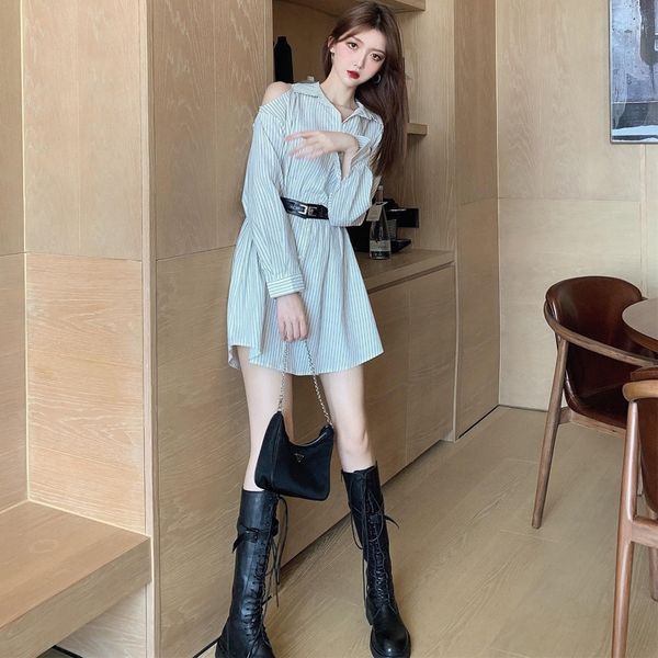 

dress 2020 autumn new design feelingshoulder striped dress shirt dressbutton shirt skirt small lapel button waist skirt ku8pr, Black;gray