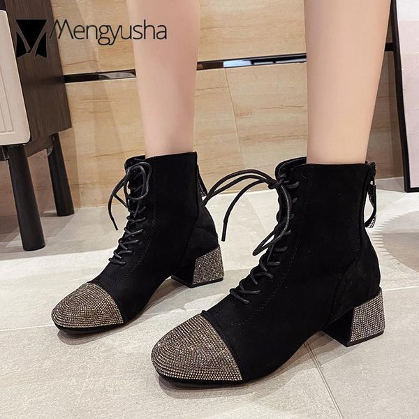 

boots square toe crystal riding bottes femme flock lace-up botas rhinestones chunky high heels booties short winter women shoes, Black