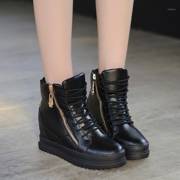 

2019 autumn new korean version of pu side zipper high to help inside increase thick platform women's single shoes1, Black