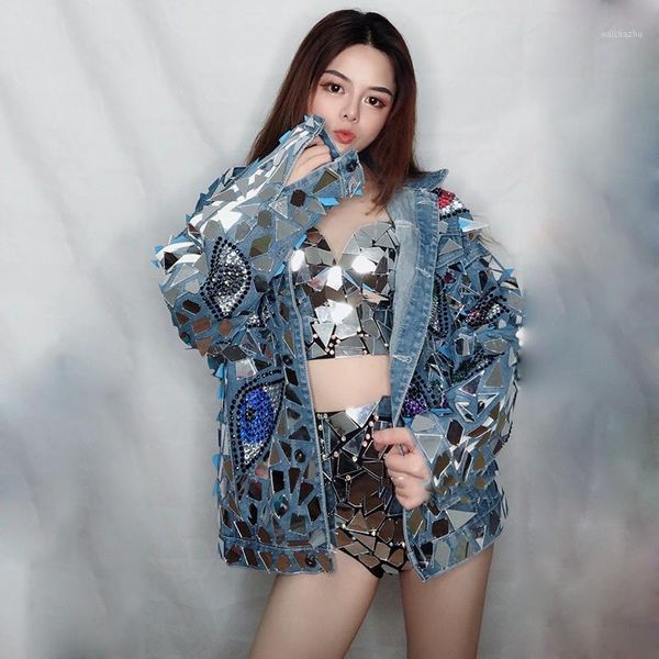 

bikini stage costumes sparkly silver mirror rhinestone bra short denim jacket outfit set rave women dance costumes dqs46001, Black;red