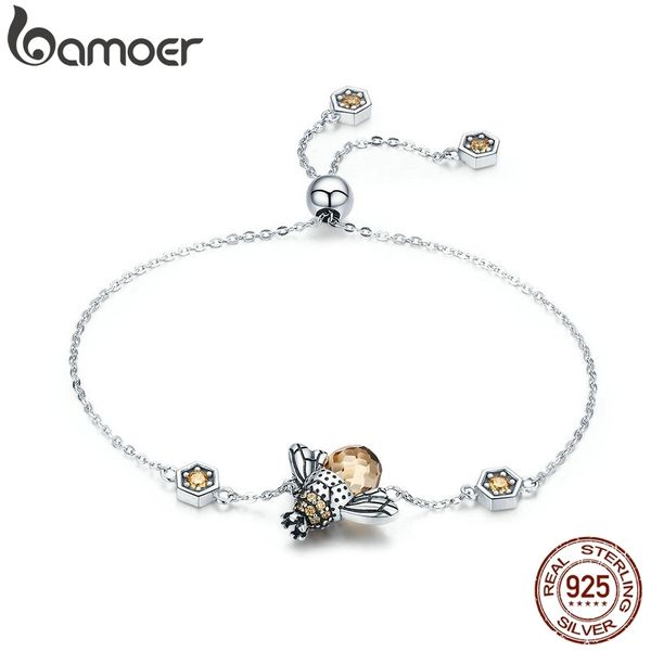 

bamoer genuine 100% 925 sterling silver dancing honey bee chain link women bracelet crystal big stone bracelet jewelry scb043 1028, Black