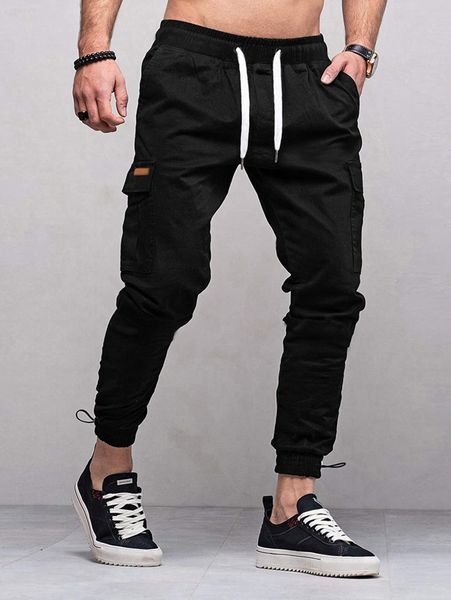 

men drawstring waist cargo pants w2wd#, Black