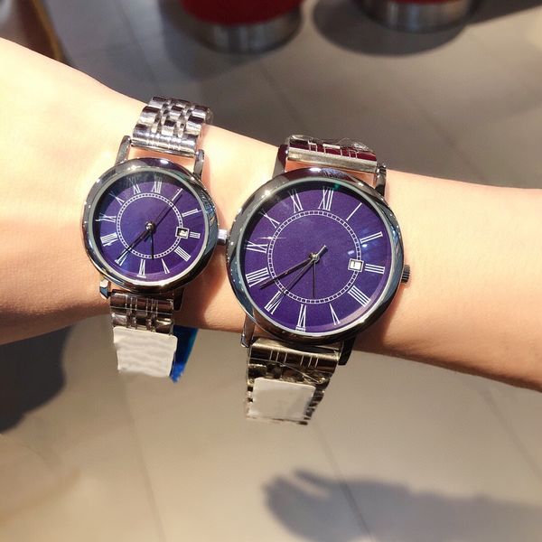 Novo famosos casal relógio de pulso casual relógios de quartzo de aço inoxidável para mulheres homens romanos número roxo Dials 29mm 39mm