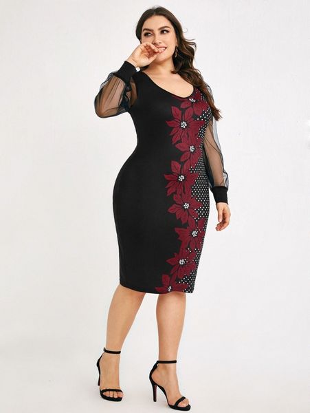 

plus floral and polka dot print contrast mesh bodycon dress 76a0#, Black