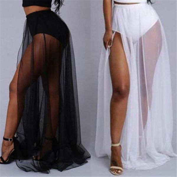

women high waist mesh skirts empire see through sheer side split skirt solid transparent chiffon maxi long skirt summer 2020, Black