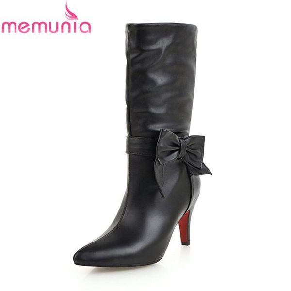 

memunia new arrival 2020 mid calf boots white black thin high heels boots with butterfly knot pointed toe women winter