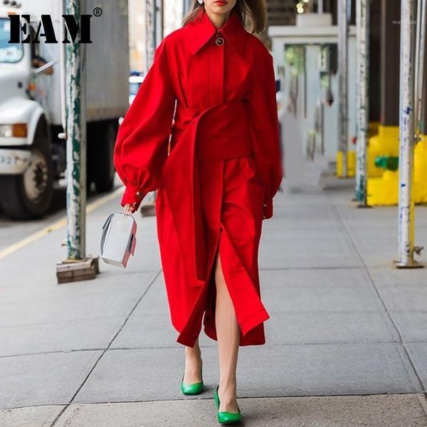 

eam] 2019 new autumn winter turn-down collar long sleeve bandage button pockets long windbreaker women trench fashion jx7301, Tan;black
