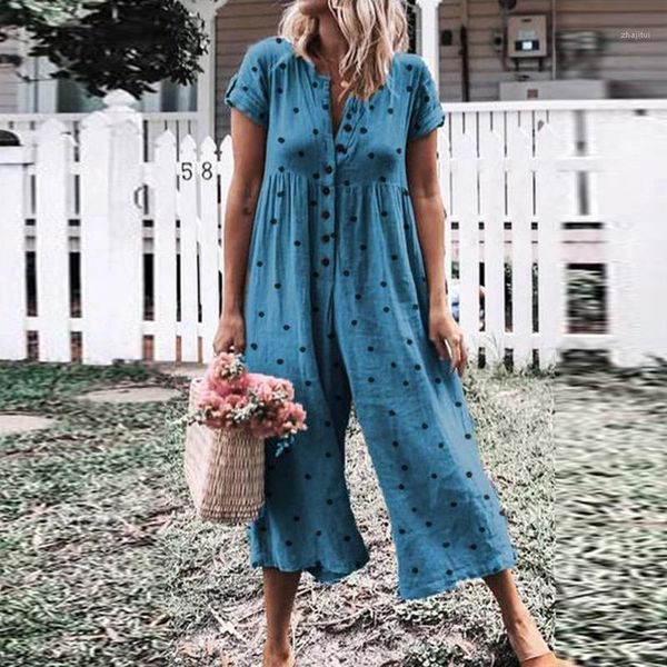 

women jumpsuits botton summer rompers long polka dot plus size ladies elegant cotton overalls jumpsuit loose short sleeve boho1, Black;white