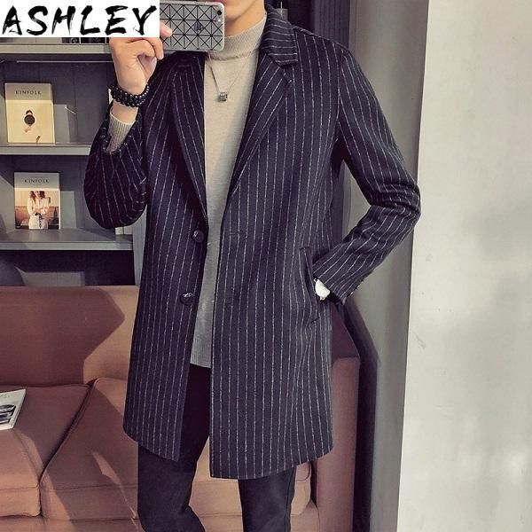 

fashion long men's trench coat men striped autumn winter woolen cloth coat casual overcoat streetwear windbreakers, Tan;black