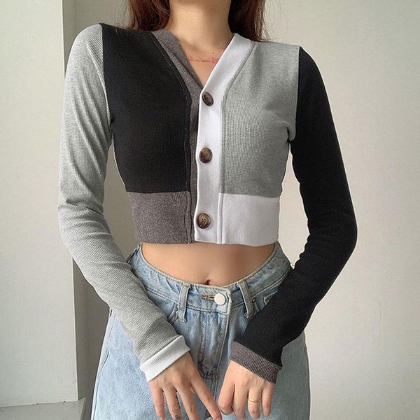 

korean style v-neck short knitted sweaters women thin cardigan fashion long sleeve patchwork button ropa mujer, White