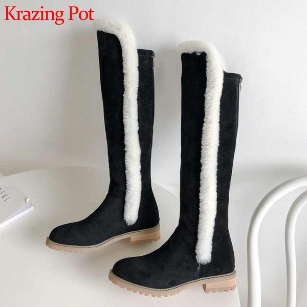 

krazing pot winter fashion mixed colors fur flock boots round toe med heels women daily wear warm thigh high boots l931, Black