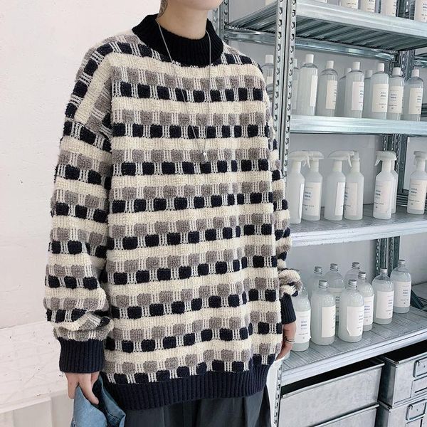 

winter plaid sweater men's warm fashion retro casual knitted pullover men wild loose o-neck knitting sweaters mens clothes -2xl1, White;black