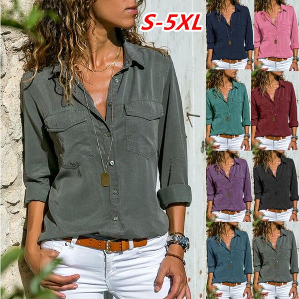 

designer women lapel long sleeve shirt 2019 new fashion casual pocket shirt female tees shirts, White