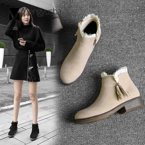 

2020 winter nubuck leather boots lace ruffles sweet ankle botas women thick heels fringe decorate snow booties big size 34-431, Black