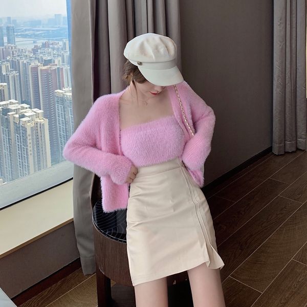 

autumn 2020 two piece mink coat vest + split thin buttock skirt
