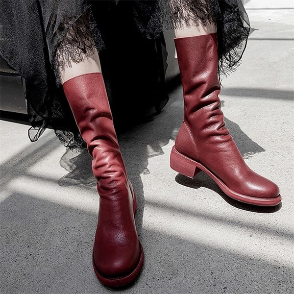 

isnom cow leather boots women genuine leather mid-calf boot zip round toe shoes casual thick heels ladies autumn winter boots lj201030, Black