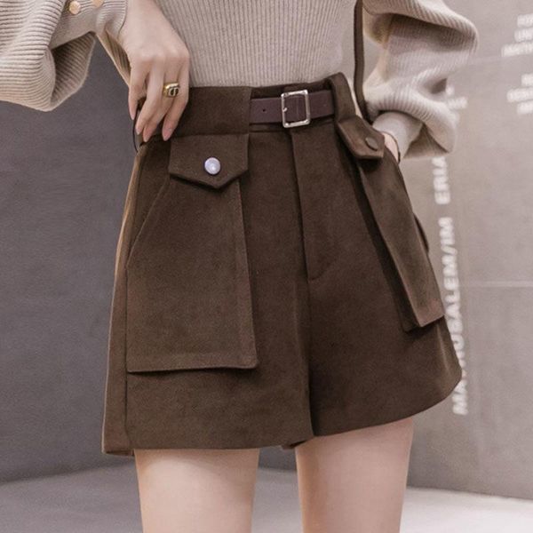 

2021 winter women's high waist shorts wear two pockets female casual wool shorts women woolen booty with belt s117, White;black