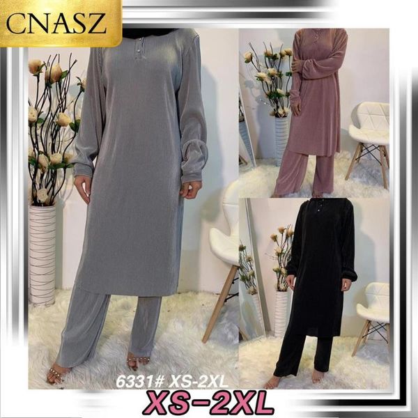

2021 muslim pleated blouse pant plus size two-piece set women islamic clothing dubai abaya, Red
