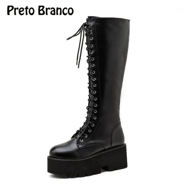 

preto branco winter new platform thick bottom chunky heel long boots lace-up wedge high heel boots women's -c2088-d11, Black