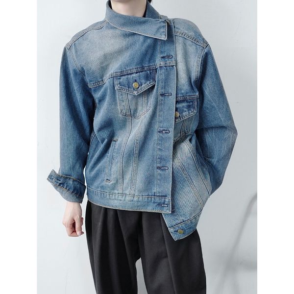 

2020 asymmetrical design male woman's streetwear vintage hip fashion jean jacket outerwear r06i, Black;brown